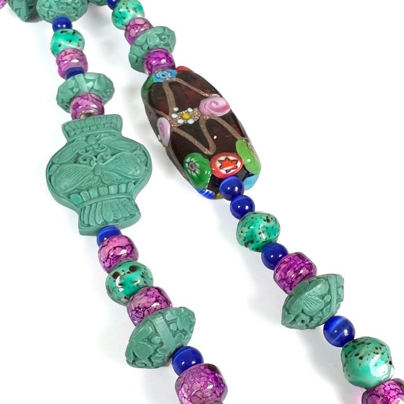 Blue Cinnabar Vase Bead Necklace w/ Blue Cats Eye Beads & Glass Lampwork Beads - Picture 4 of 12